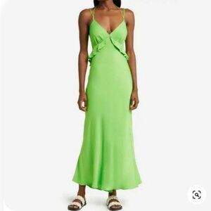 Farm Rio size L ruffle midi dress in lime green with beaded details on ties NWT